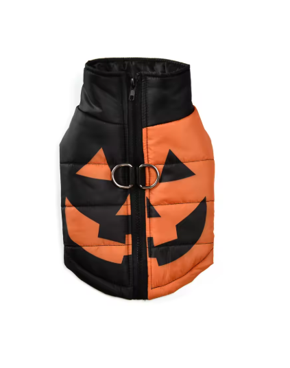 Warm Whiskers Halloween pet vest in Jack-o'-Lantern pattern