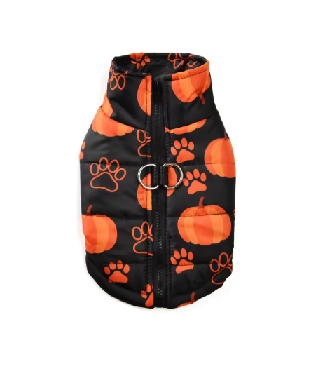 Warm Whiskers Halloween pet vest in Paws & Pumpkins pattern