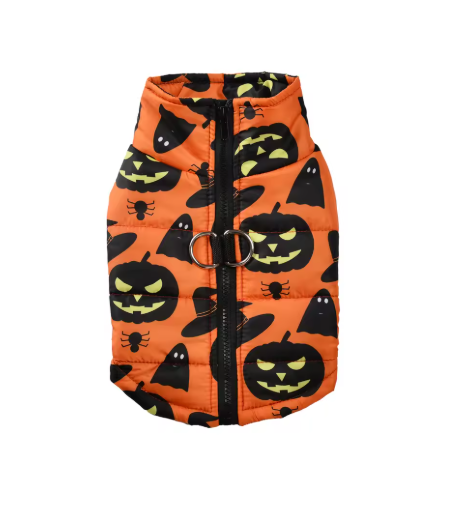 Warm Whiskers Halloween pet vest in Orange & Black pattern