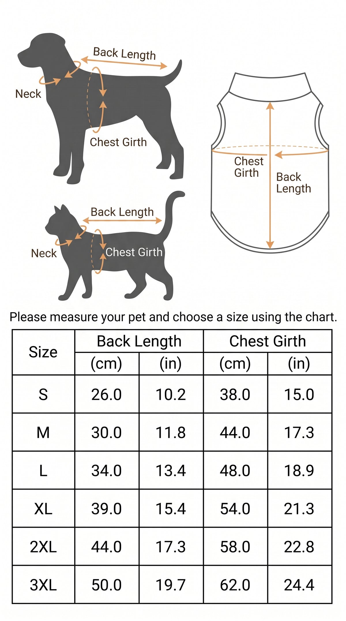 Warm Whiskers size guide for dogs and cats showing how to measure neck, back length and chest girth with S through 3XL measurements