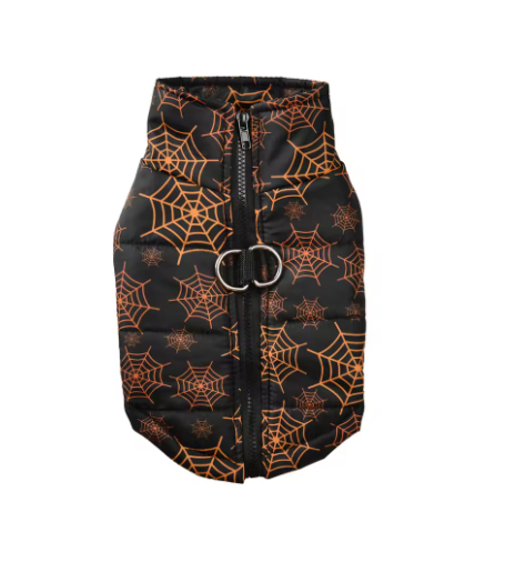 Warm Whiskers Halloween pet vest in Spiderwebs pattern